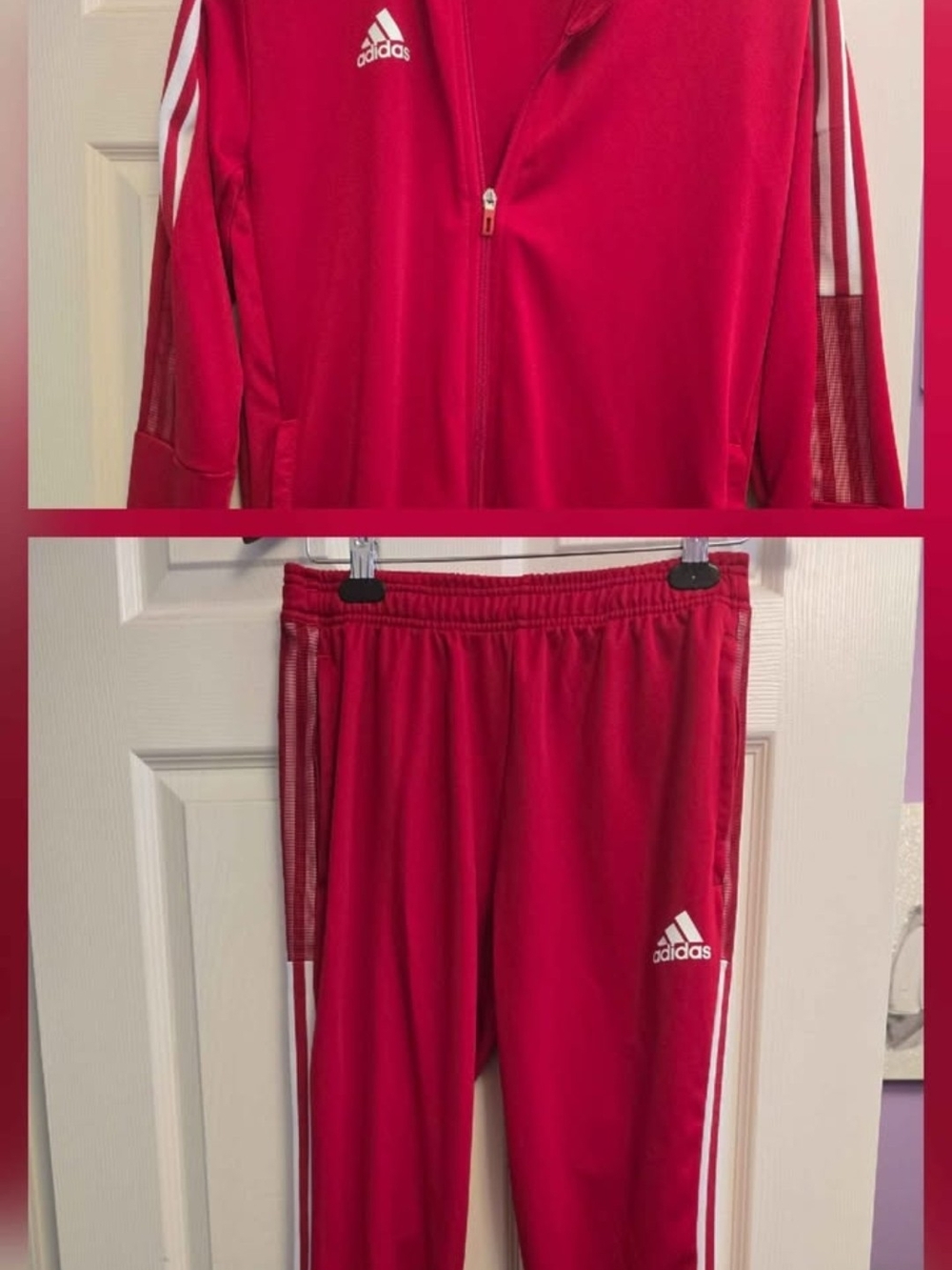 adidas Red Track Jacket and Joggers Set with White Stripes